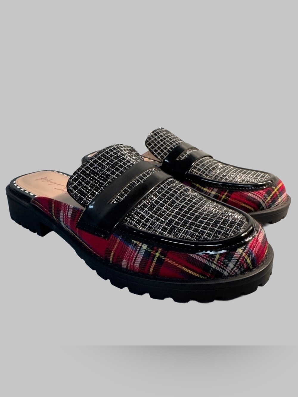 Betsey Johnson Ronin Plaid and Rhinestone Embellished Mule Loafers.